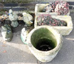 Two rectangular garden planters, a further circular garden planter, and garden ornaments in the form