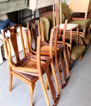 Four Queen Ann style dining chairs, another inlaid chair, two upholstered armchairs and a matching s