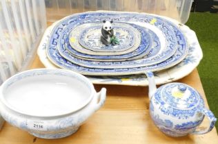 Blue and white ceramics, to include meat plates, a part treen and teapot.