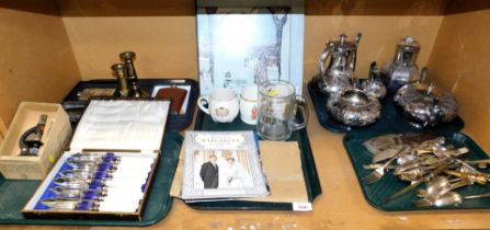 A silver plated tea and coffee service, candlesticks, hip flask, canteen of fish knives and forks,