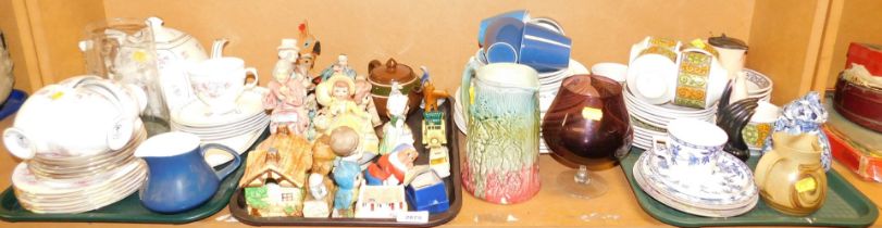 Part tea services, jugs, figurines, bowls, teapot. (1 shelf)