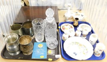 A part canteen of silver plated cutlery, glass decanter, glass vase, various tankards, and some Ayns