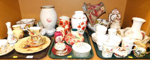 Ceramics, to include a copy of Moorcroft, jugs, plates, cups, saucers, vases, clock, etc. (5 trays)