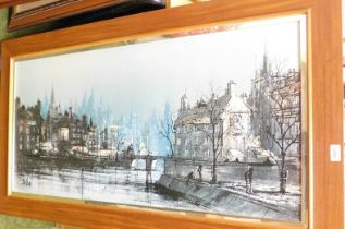 A large framed and glazed townscape, oil.