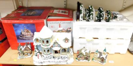 Christmas decorations, to include houses, large Christmas tree, etc. (3 boxes and loose)
