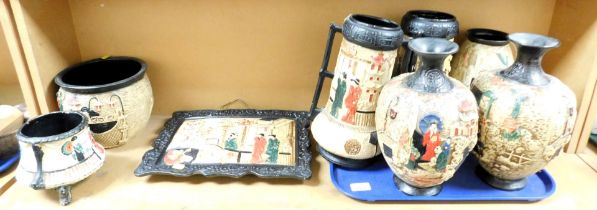 Oriental ceramics, including large vases, wall plaque, etc. (1 shelf)