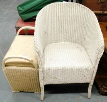 A Lloyd Loom style chair and a Lloyd Loom style ottoman.