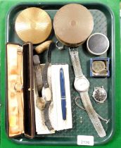 A quantity of costume jewellery, items include ring, watch, compact. (1 tray)