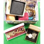 Costume jewellery, items include compact, necklaces, brooches, etc.