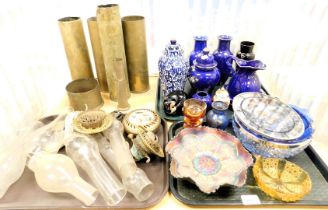 A quantity of shell casings, oil lamp funnels and ceramics including cobalt blue wares, glassware, e