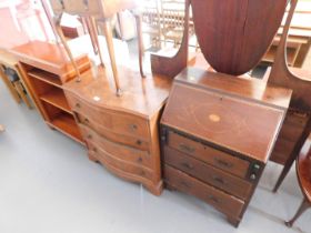 A small walnut occasional table, an open book shelf, a chest of four drawers and small bureau. This