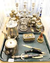 Metalware, items include drinking goblets, coffee pot, teapot, small paper knives, candlesticks, etc