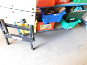 Hand tools, including drills, saws, etc., and a Homebase Essential work bench. (4 boxes) Buyer Note: