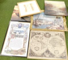 Five framed pictures, including a large map of the world, landscapes, etc.