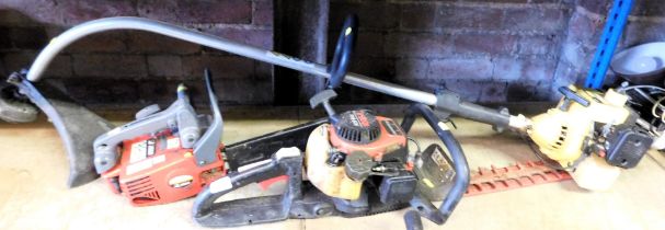 A Ryobi petrol driven hedge trimmer, chain saw Efco, and a large petrol driven strimmer.