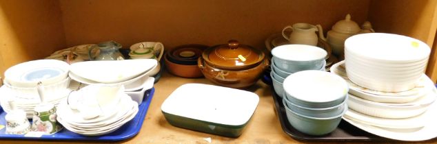 Ceramics to include large dinner bowls, crock pots, teapots, plates, saucers, bowls, etc. (1 shelf)