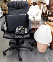 A black office chair, black attaché case, telephone, two lamps, four Evesham pattern bowls, and an o