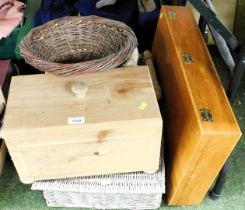 A wine box, further pine box with lid, wicker baskets and a wicker box.