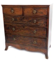 A 19thC mahogany chest, of two short and three long drawers, with brass ring handles and flower back