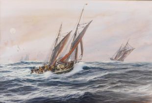 Jenny Morgan (21stC). Sailing boats in rough seas, watercolour and oil on paper, signed, 36cm x 53c