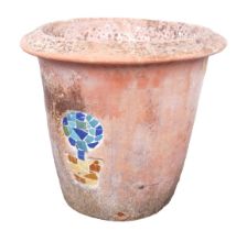 A terracotta garden pot, of cylindrical tapering form with out swept rim, decorated to the front wit