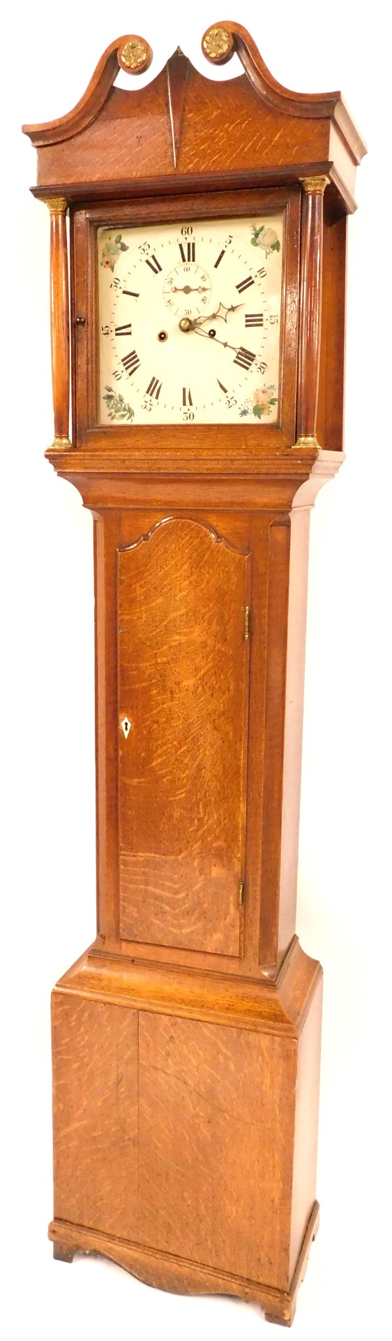 A 19thC oak long case clock, the square dial painted with Roman and Arabic numerals, subsidiary seco