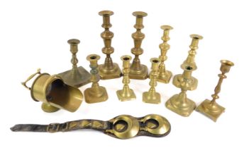 Assorted 19thC brass candlesticks, singles and pairs, together with a brass cigar scuttle and horse