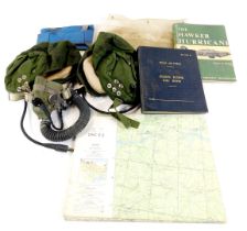 Two RAF issue cloth flight helmets, one with respirator and communications head cable, both as used