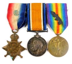 A WWI medal trio group, comprising British War medal, Victory medal, with MID oak leaf, and 1914 Sta