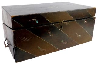 A late 19th/early 20thC Oriental lacquered writing box, on a brown ground inlaid with mother of pear