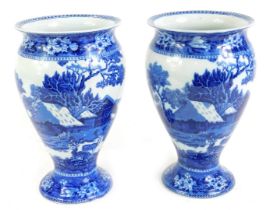 A pair of Wedgwood pottery blue and white Fallow Deer pattern vases, of baluster form, printed marks