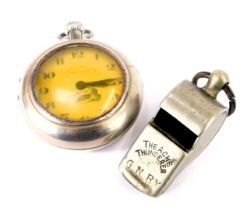 A Railway Timekeeper pocket watch and whistle, the steel cased pocket watch inscribed Railway Timeke