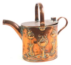 A Joseph Sankey & Son Arts and Crafts copper watering can, with stylised design of three tulips,