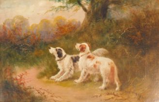 British School (19thC). Hunting dogs in a woodland clearing eying the game birds, oil on canvas, sig
