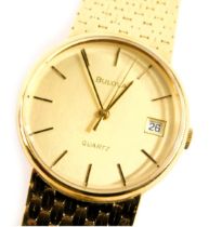 A Bulova gent's wristwatch, in a yellow metal casing a bracelet, stamped 9kt to watch and hallmarked