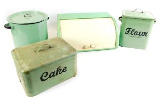 Enamelled kitchen wares, comprising a Flour Pride of Home storage tub, a green enamel circular stora