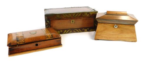 Three 19thC and later boxes, comprising a sarcophagus shaped tea caddy with mother of pearl key plat