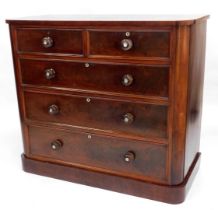 A Victorian mahogany chest, of two short and three long drawers, with turned handles, each inlaid wi