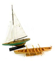 A wooden scale model of a Pilot Gig, with stand, 49cm wide, together with a model of a yacht, on sta