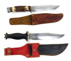 Two hunting knives, comprising Japanese sheath knife with antler handle, in leather scabbard, 32cm l