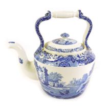 A Spode Italian pattern pottery blue and white tea kettle, printed mark, 33cm wide.