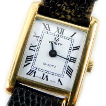 A 9ct gold cased Verity wristwatch, the rectangular watch head on white enamel Roman numeric dial, o
