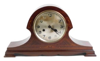 An Edwardian mahogany and inlaid mantel clock, silvered dial bearing Arabic numerals, eight day move