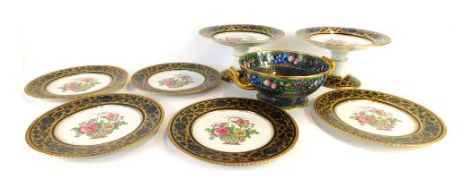 A late 19thC Booths china part service, comprising five dinner plates and two centrepiece bowls, eac