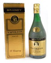 A bottle of Napoleon VSOP brandy, in gold Campeny slip presentation box.