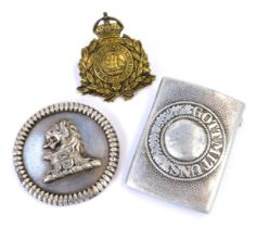 A 19thC armorial boss, silver plated, with a lion's head crest, lead filled, and a Third Reich alloy