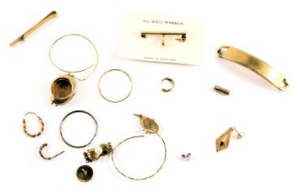 A group of scrap 9ct gold, comprising a 9ct gold identity bracelet bar, single hoop earrings, studs,