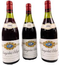 Three bottles of Beaujolais Villages red wine, 1991 (2) and 1992, boxed.