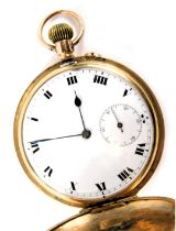 A full hunter pocket watch, with plain design case opening to reveal a white enamel clock face with