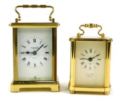 Two brass carriage timepieces, comprising Bayard France brass cased clock with white enamel dial wit